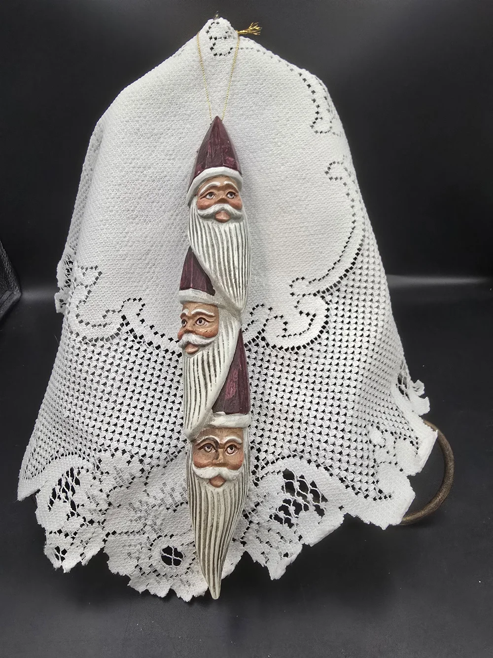 Triple Santa Hanging Ornament in White and Burgundy